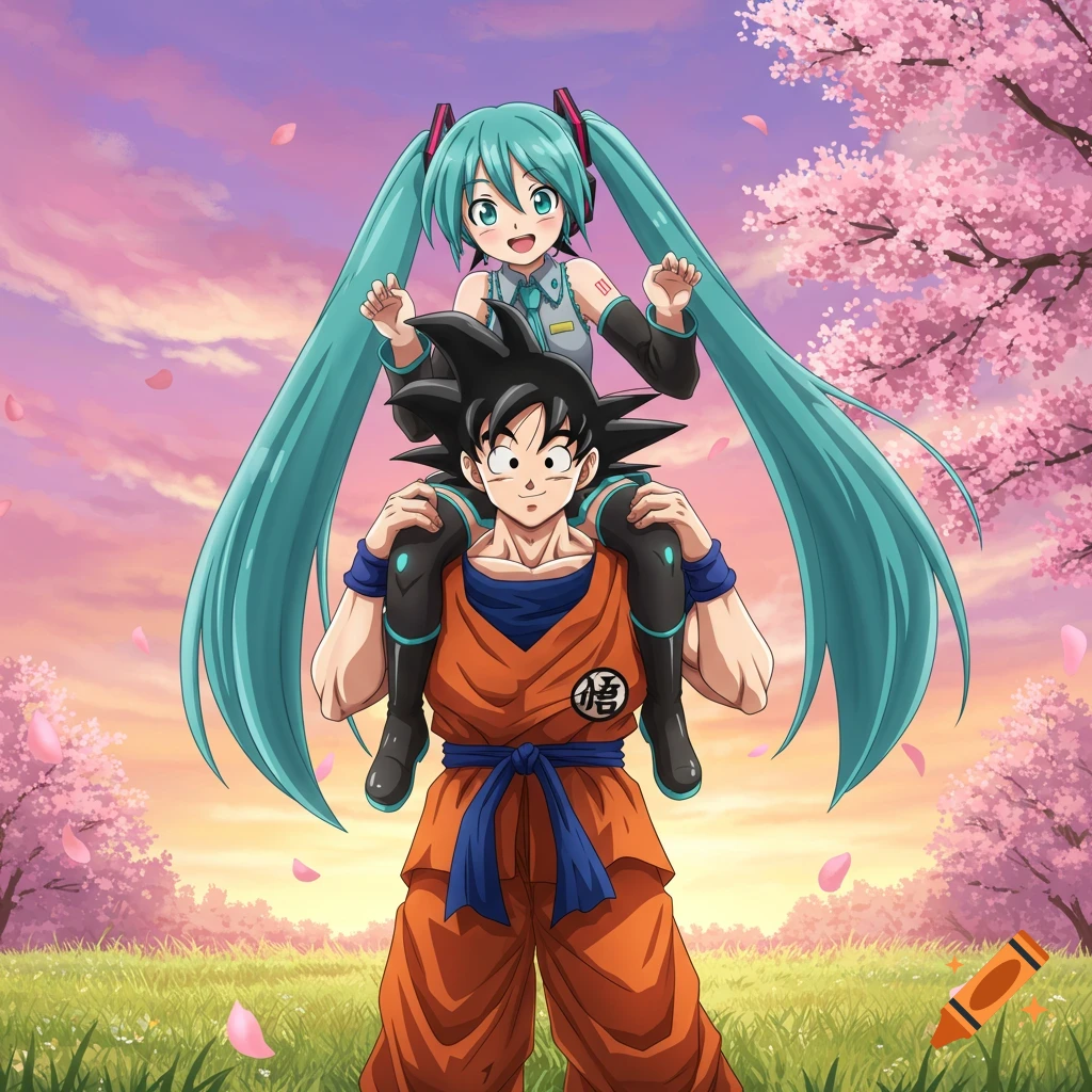 Anime illustration of Goku carrying Hatsune Miku on his shoulders in a field with cherry blossom trees under a sunset sky.