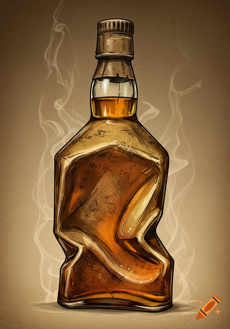 Illustration of an old, wrinkled, and bent bottle of scotch against a warm, smoky background.