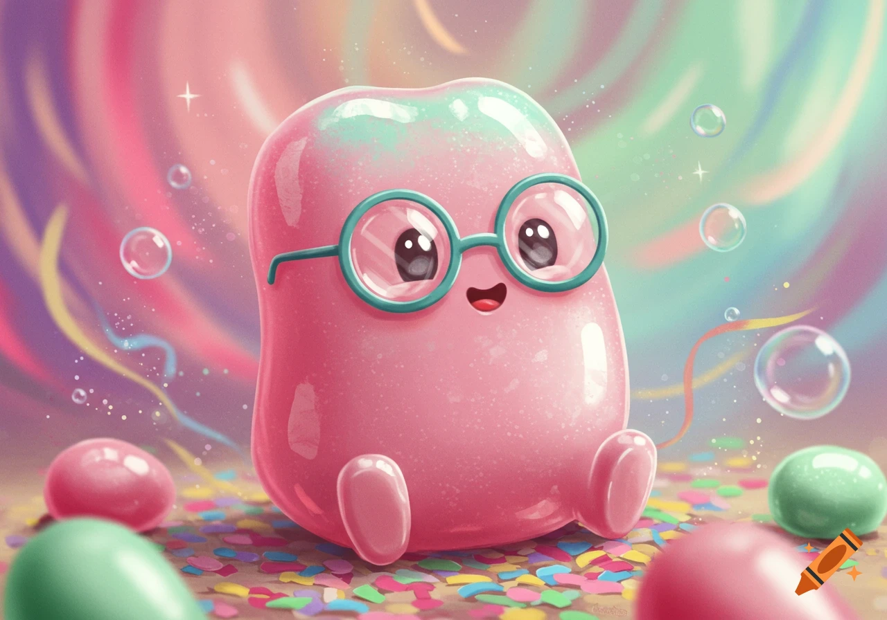 Cute pink jelly bean character with teal glasses, sitting in confetti and bubbles on a colorful background.