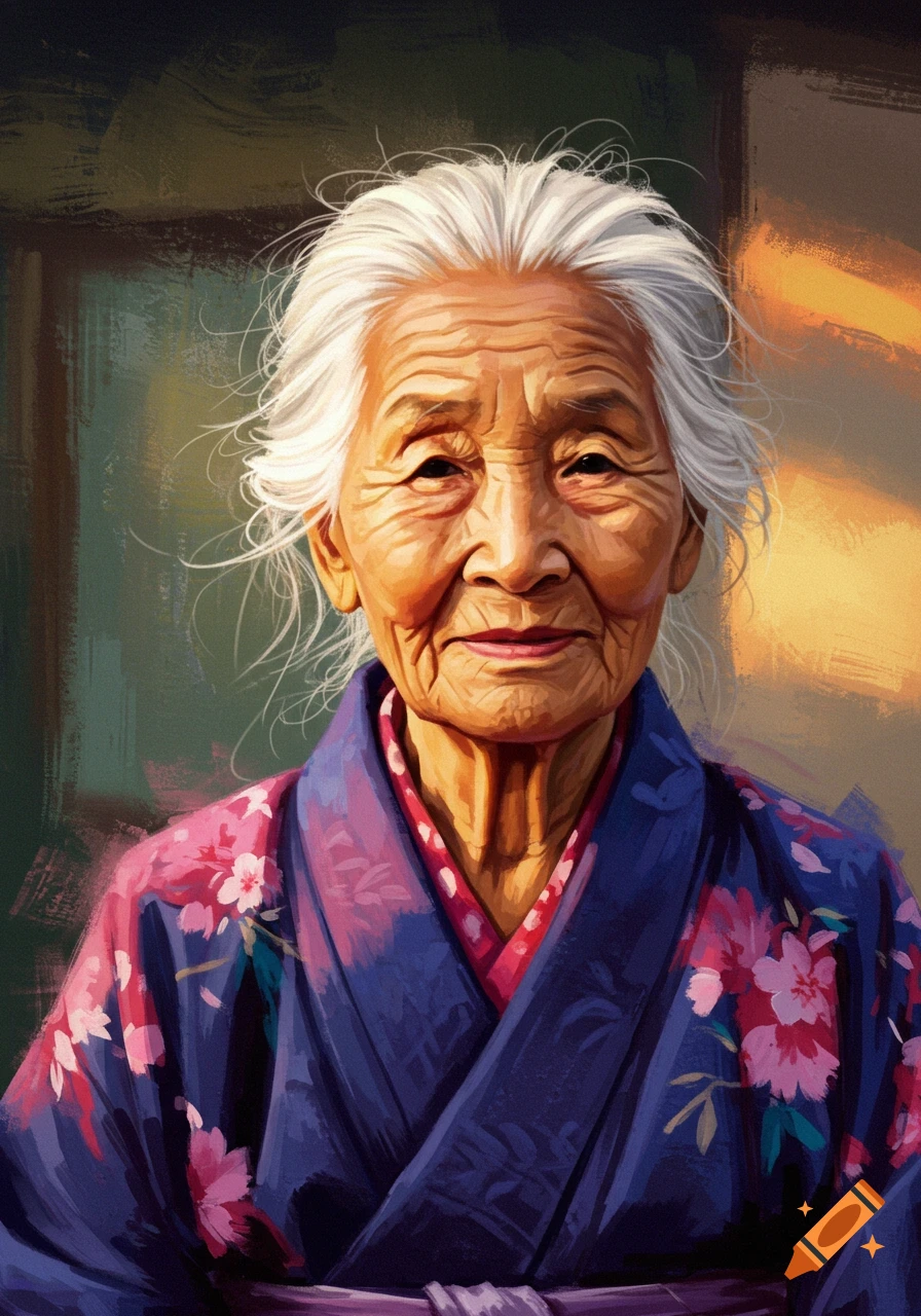 Impressionistic painting of an elderly Asian woman with white hair, smiling subtly, wearing a blue and pink floral kimono.