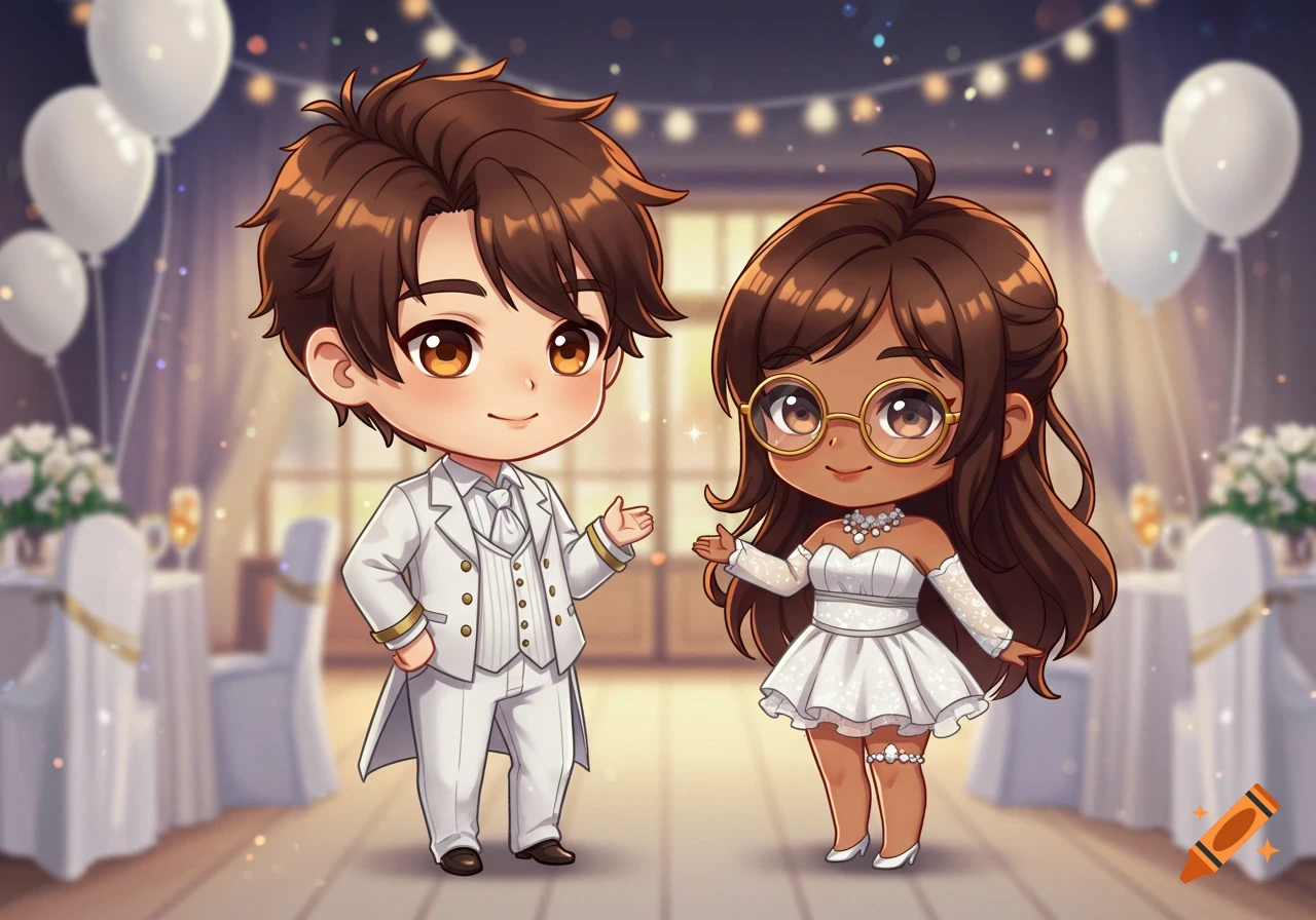 A cute chibi anime couple in elegant white party outfits smiles in a softly lit room with white balloons and decorations.