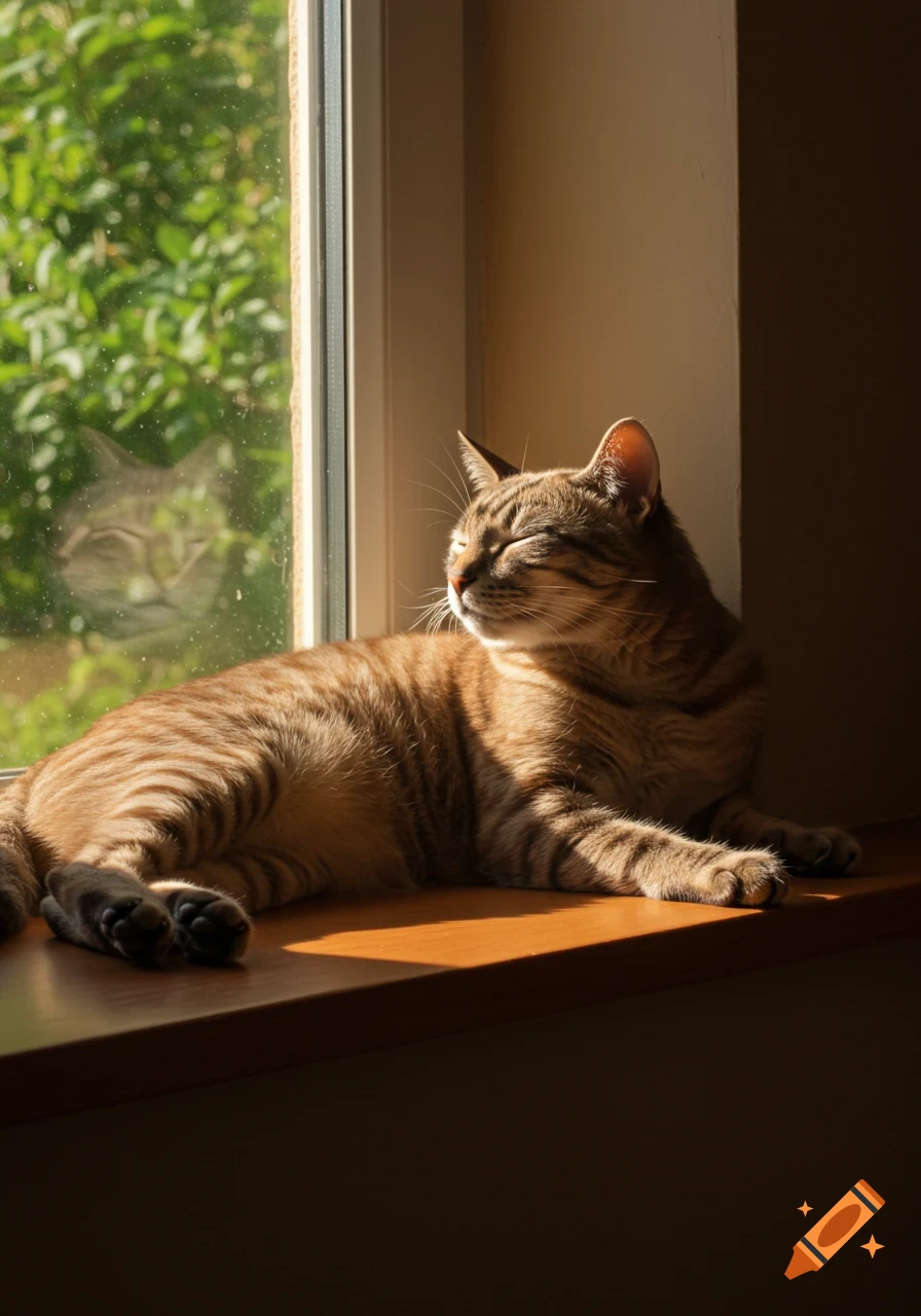 A photorealistic image of a tabby cat basking in warm sunlight on a wooden windowsill, eyes closed in contentment.