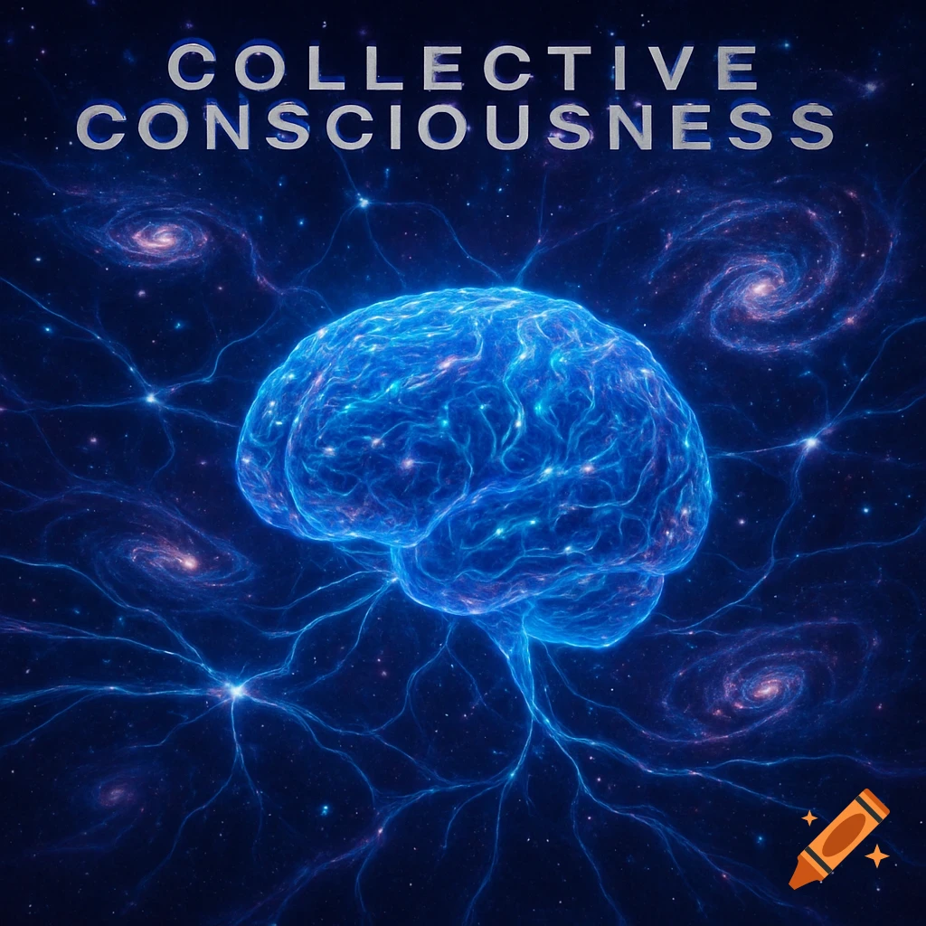 A vibrant blue glowing brain amidst a dark cosmic background with swirling galaxies and neural network patterns. Text reads 'COLLECTIVE CONSCIOUSNESS'.
