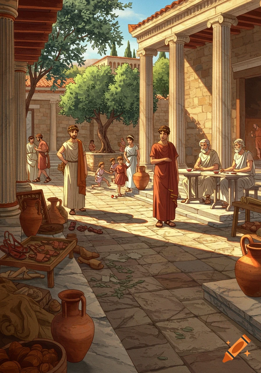 Vibrant illustration of a bustling ancient Greek courtyard with people in togas, columns, trees, and market goods.