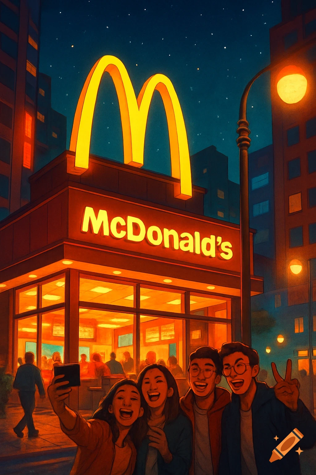 Four smiling friends take a selfie in front of a glowing McDonald's restaurant at night, in a stylized art style.