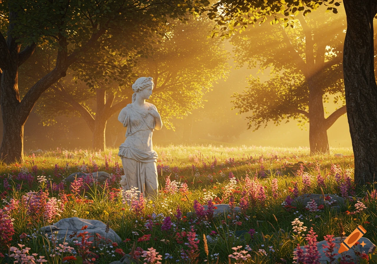 A photorealistic render of a classical marble statue of a woman in a lush, sun-drenched forest meadow filled with colorful wildflowers.