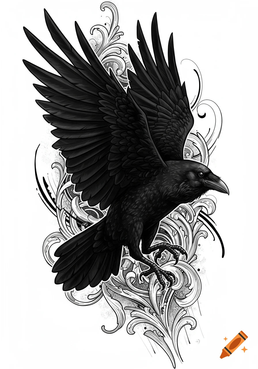 Black raven in flight with spread wings, against an ornate black and white tattoo-style background.