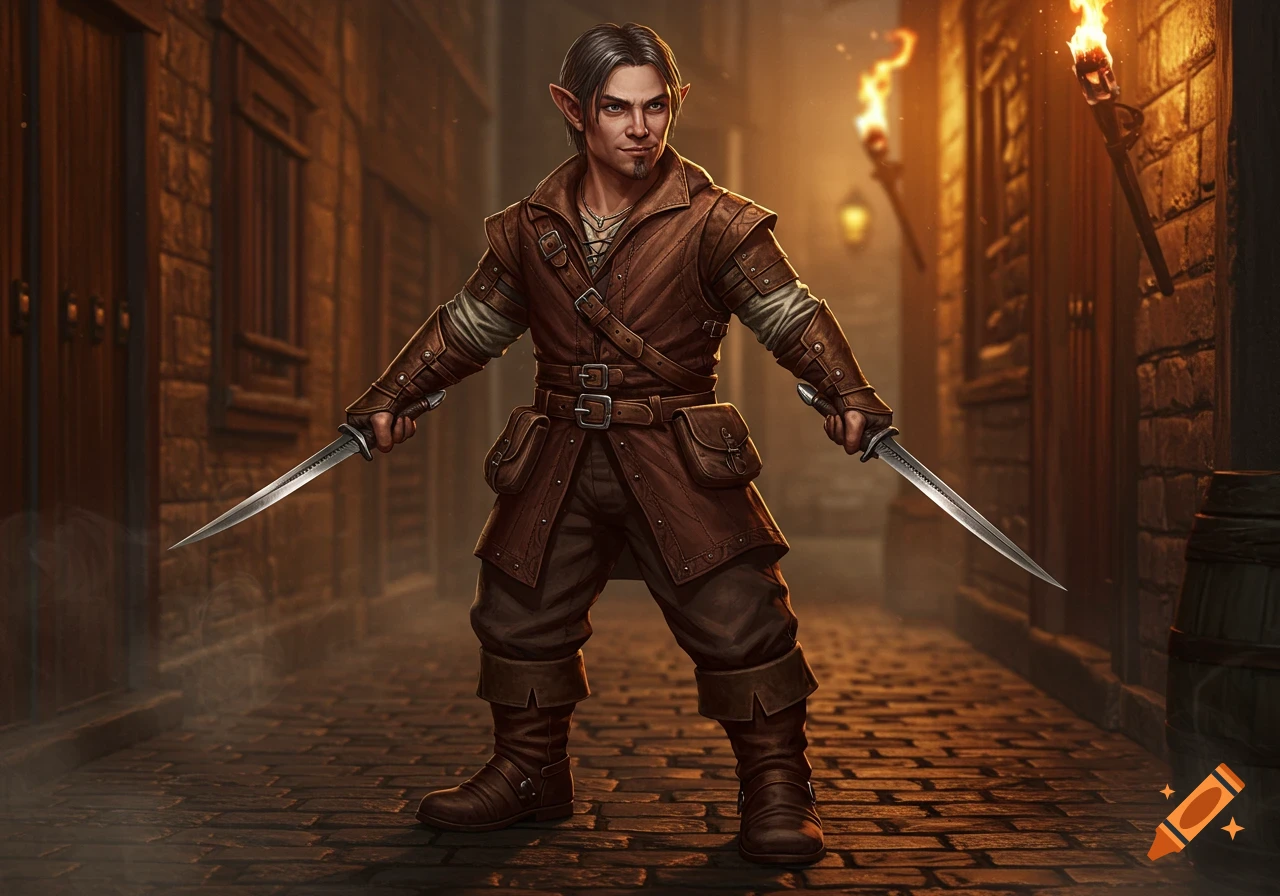 A male fantasy rogue with pointed ears wearing leather armor stands with two daggers in a dark, torch-lit alley.