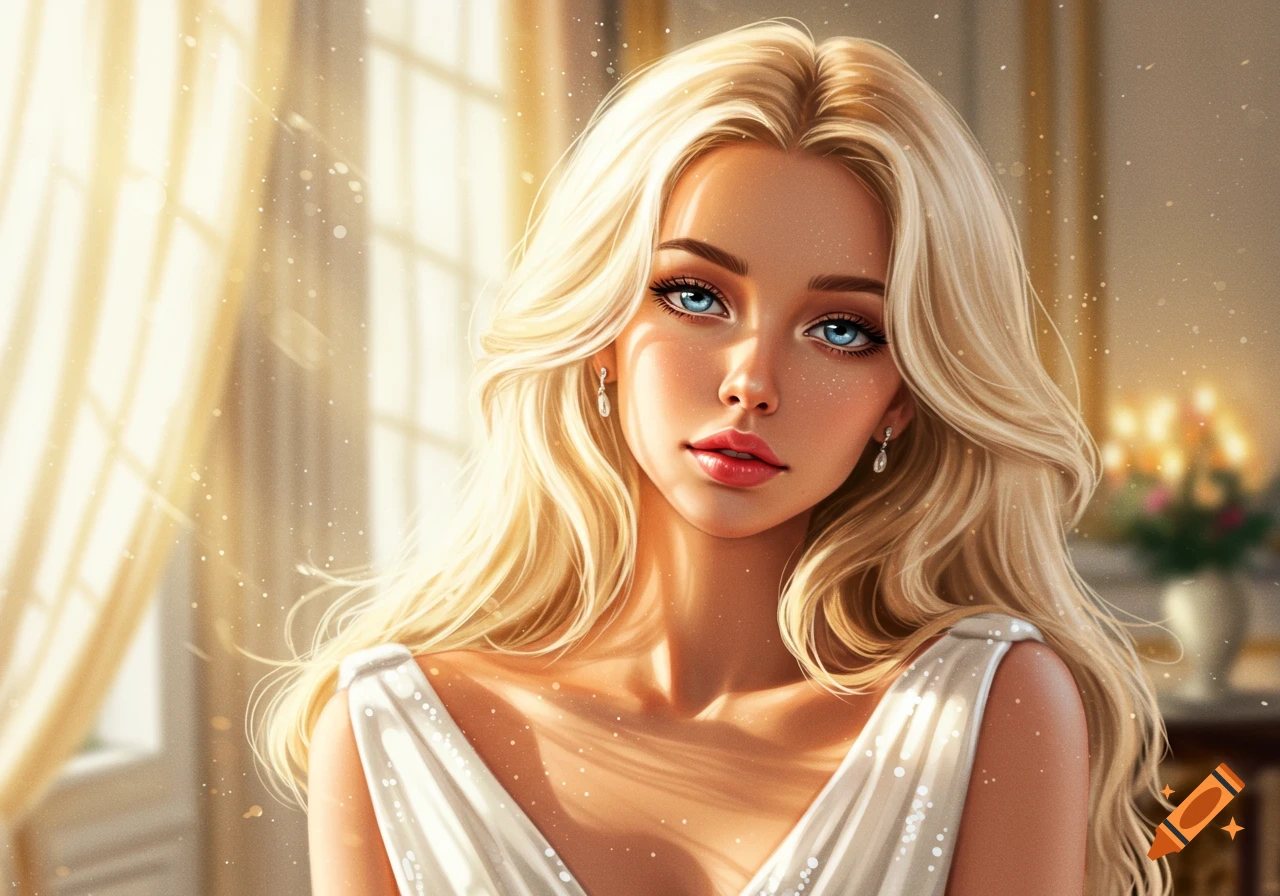 Digital art portrait of a blonde woman with blue eyes and full lips, wearing a white dress, bathed in golden sunlight.