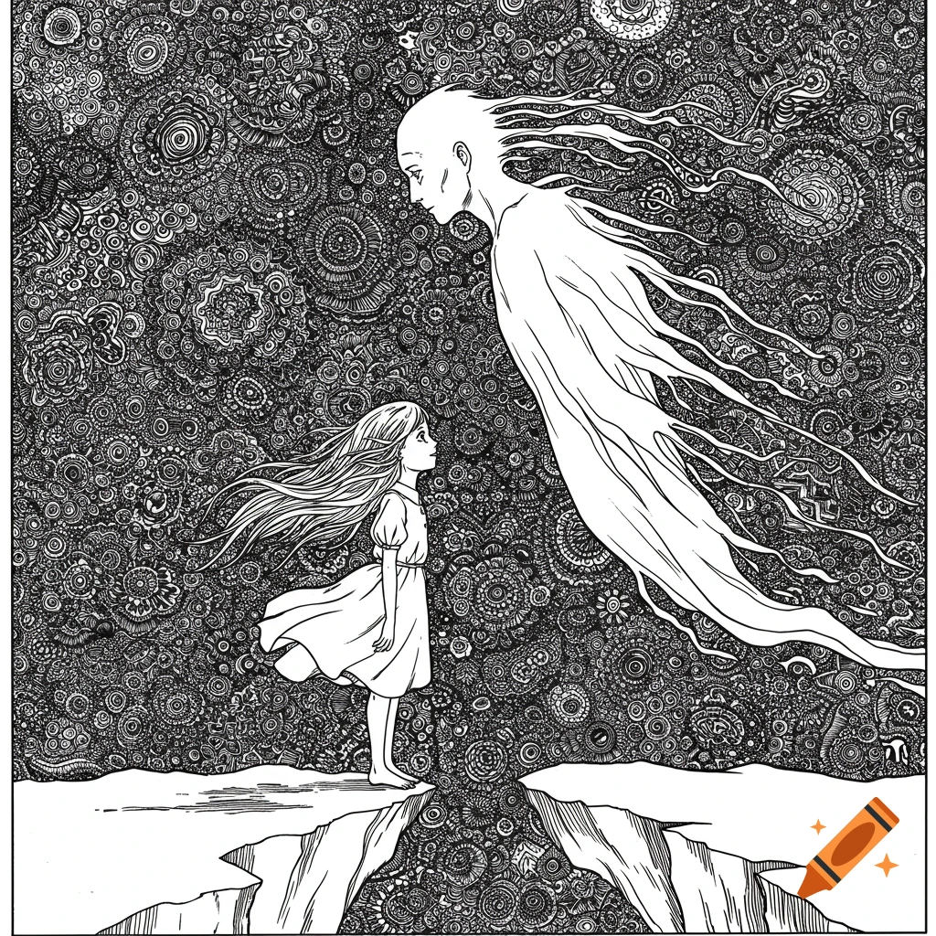 Black and white line art of a girl and a flowing ghostly figure gazing at each other across a chasm, against an intricate, psychedelic background.