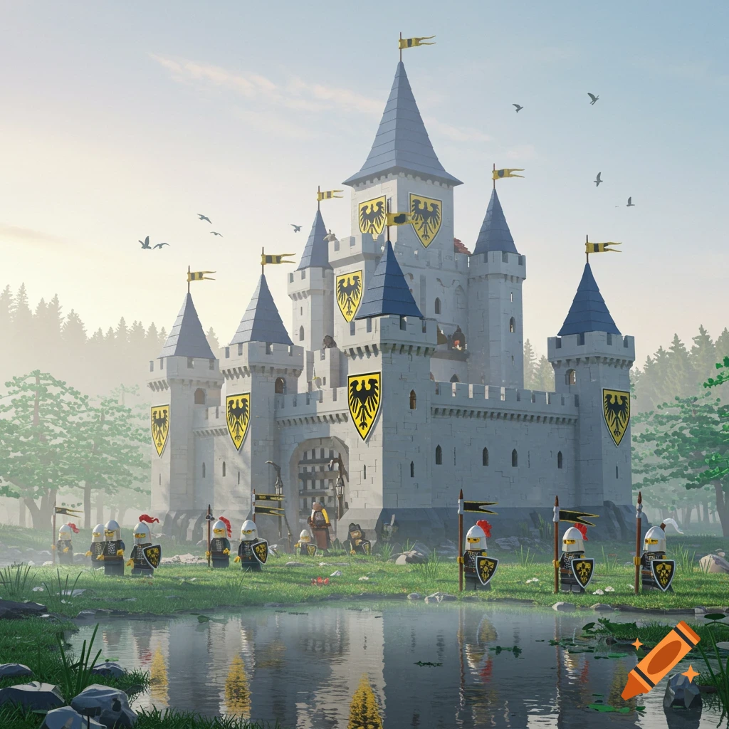 A detailed Lego castle with tall spires and yellow-black eagle flags stands by a reflective pond, surrounded by Lego knights and trees.