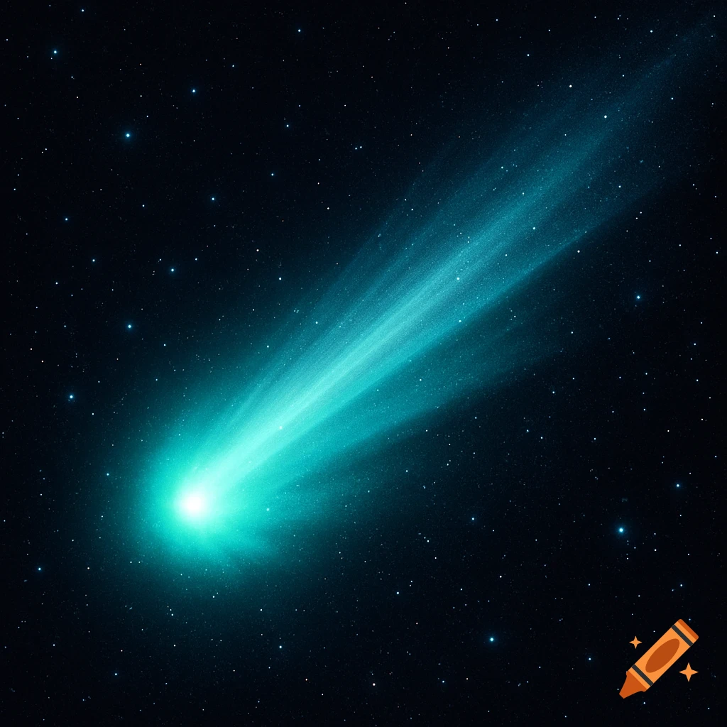 A bright blue-green comet with a long, luminous tail streaks across a dark starry night sky.