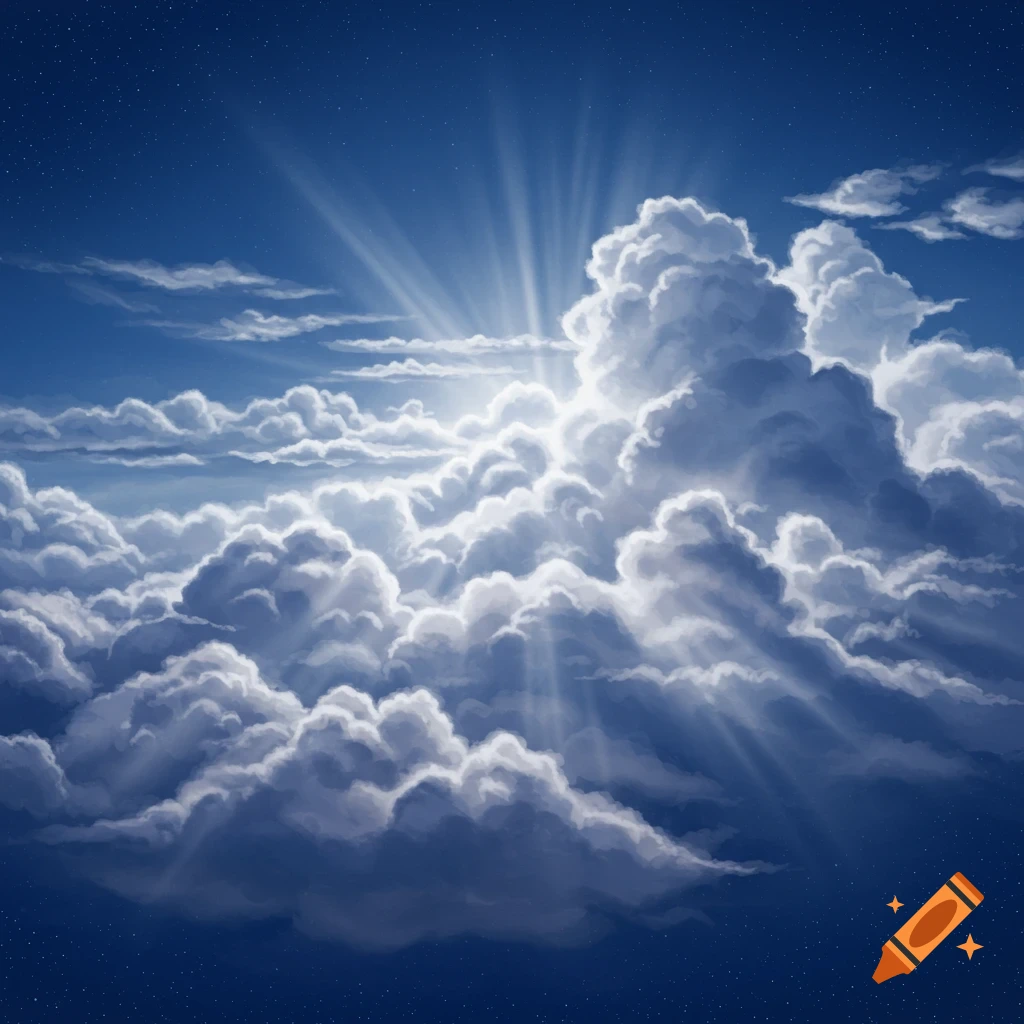 Bright light rays break through voluminous white and grey clouds in a deep blue sky with faint stars.