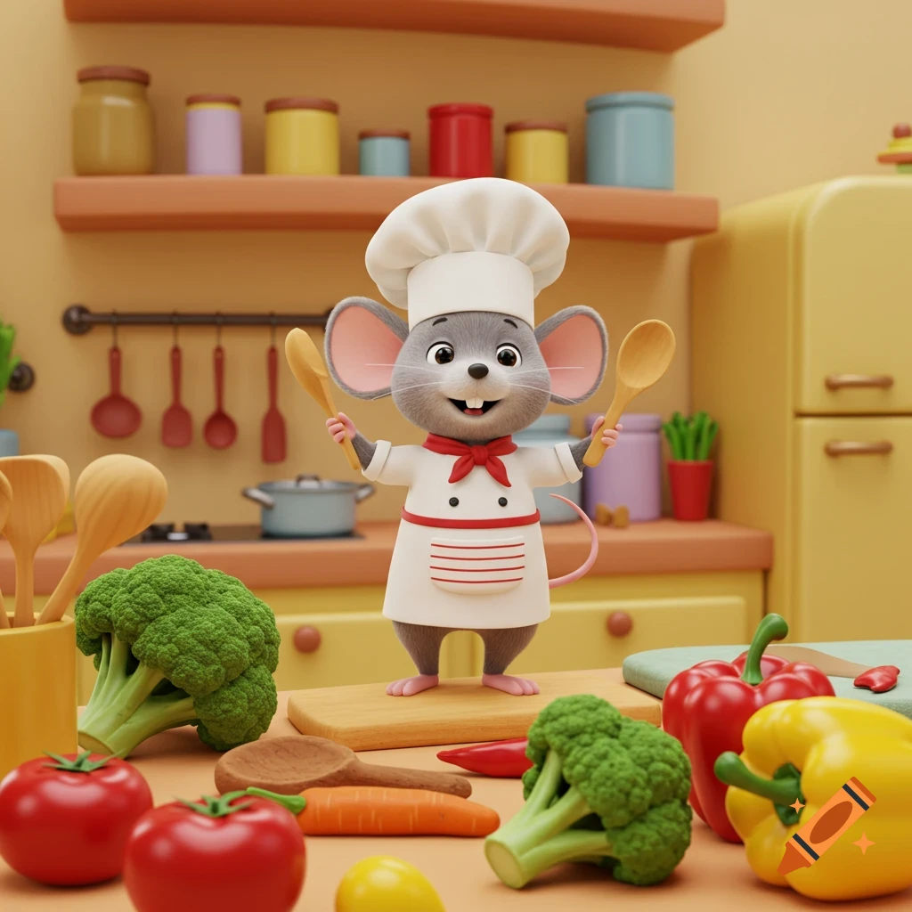 A friendly cartoon mouse chef in a white uniform and hat holds wooden spoons in a colorful kitchen surrounded by fresh vegetables.