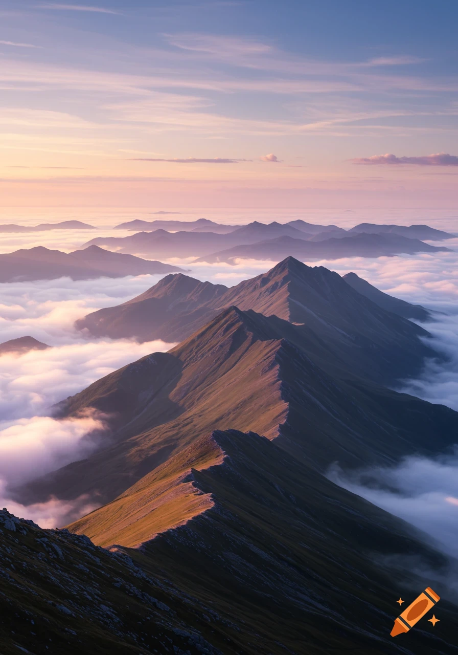 Photorealistic aerial view of a mountain range with jagged peaks rising above a sea of clouds at sunrise.