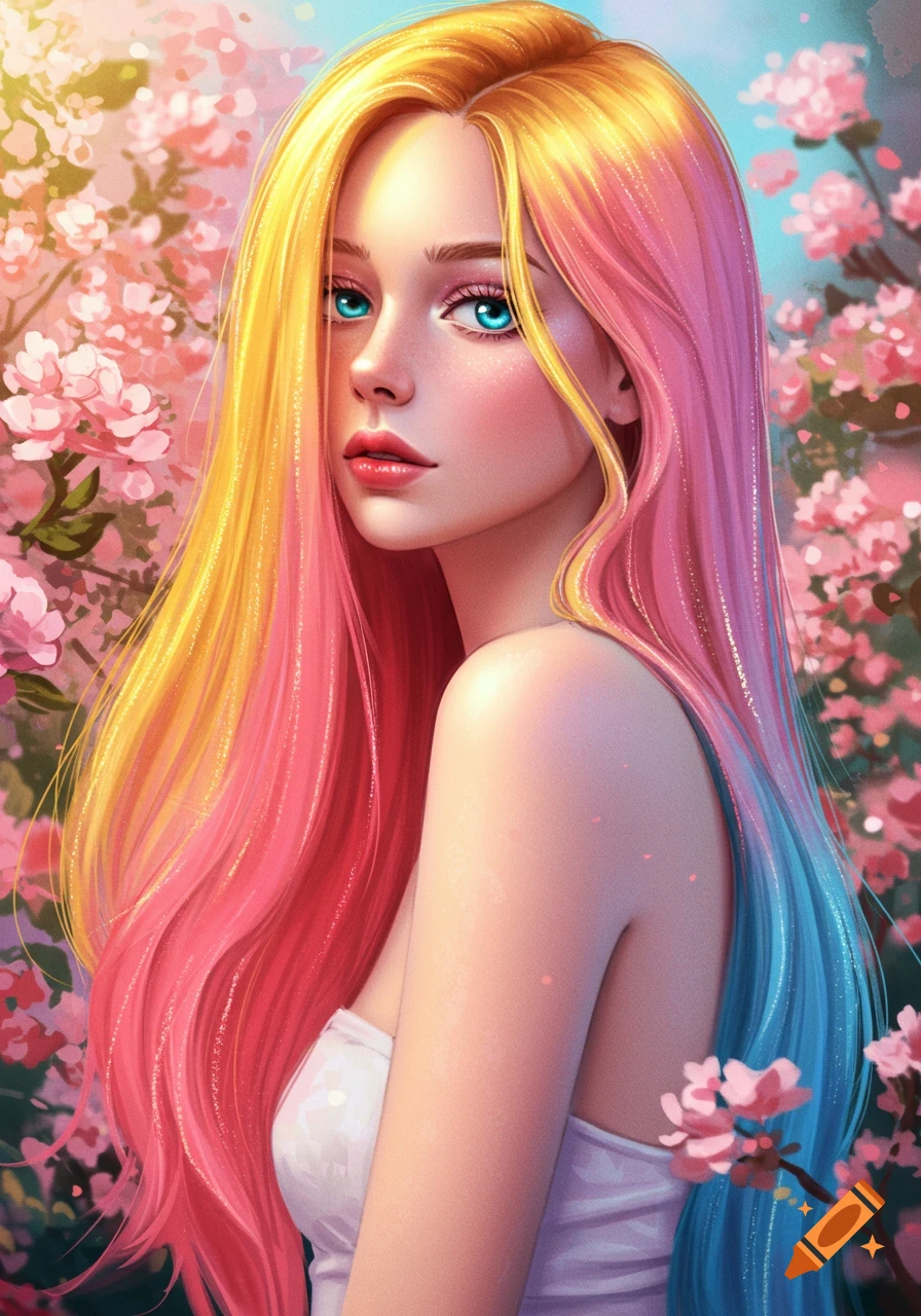 Artistic portrait of a young woman with vibrant blonde, pink, and blue hair, looking over her shoulder amidst pink cherry blossoms.