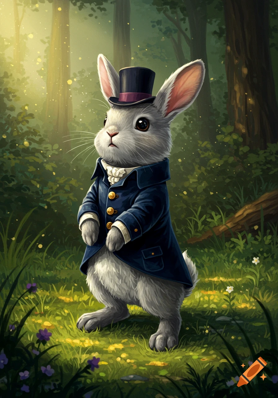 A gray bunny wearing a blue coat and black top hat stands in a magical forest, digital painting.
