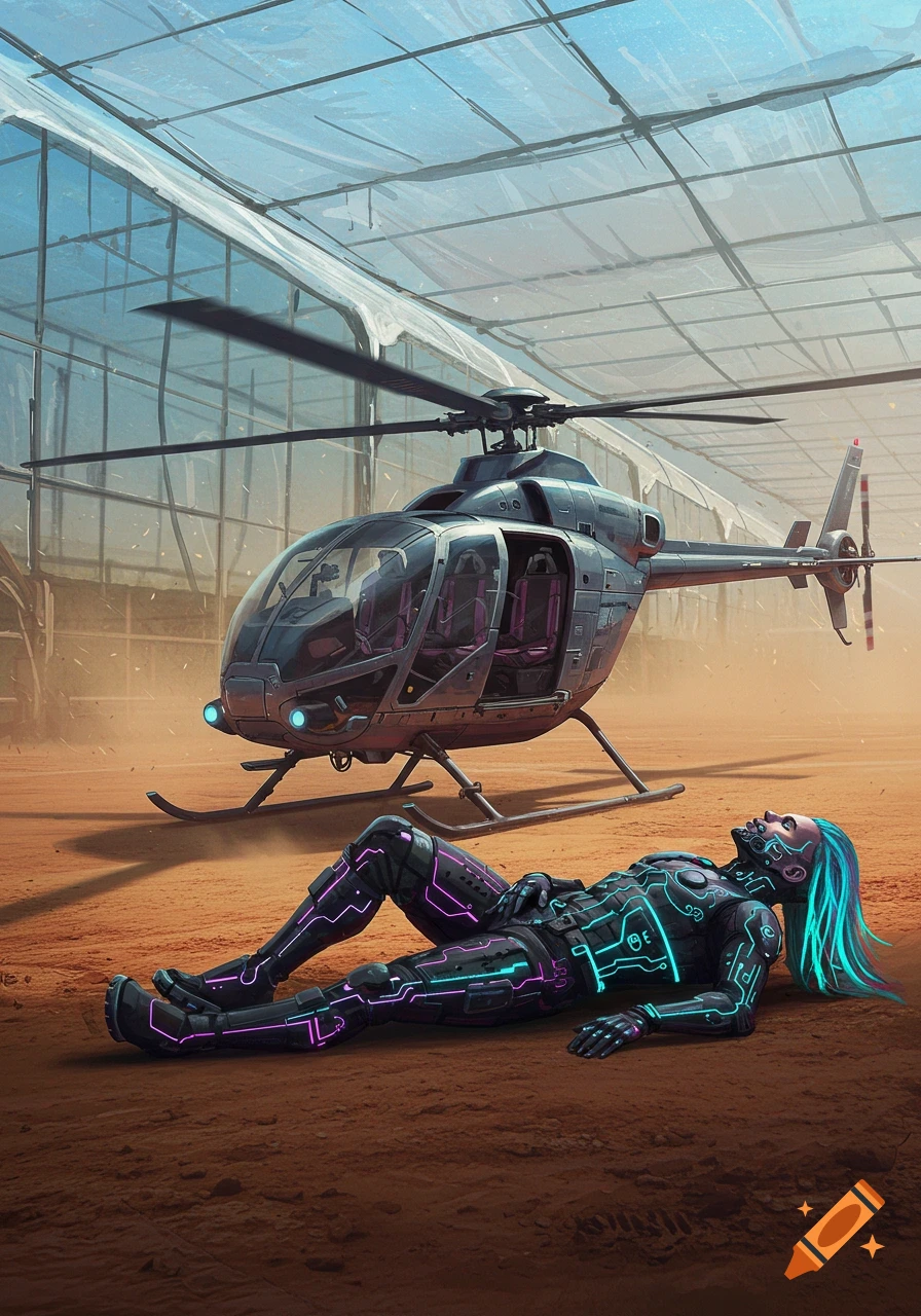 A cyberpunk pilot in a glowing circuit suit and teal hair lies on a dirt strip next to a helicopter inside a greenhouse-like hangar.