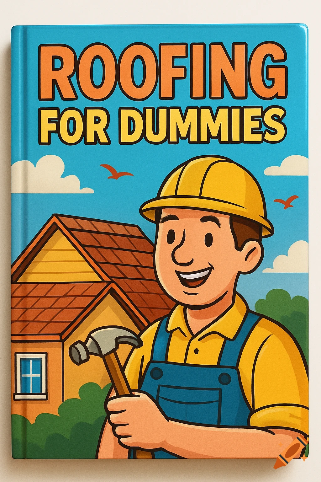 Cartoon book cover for 'ROOFING FOR DUMMIES' featuring a smiling handyman holding a hammer in front of a house.