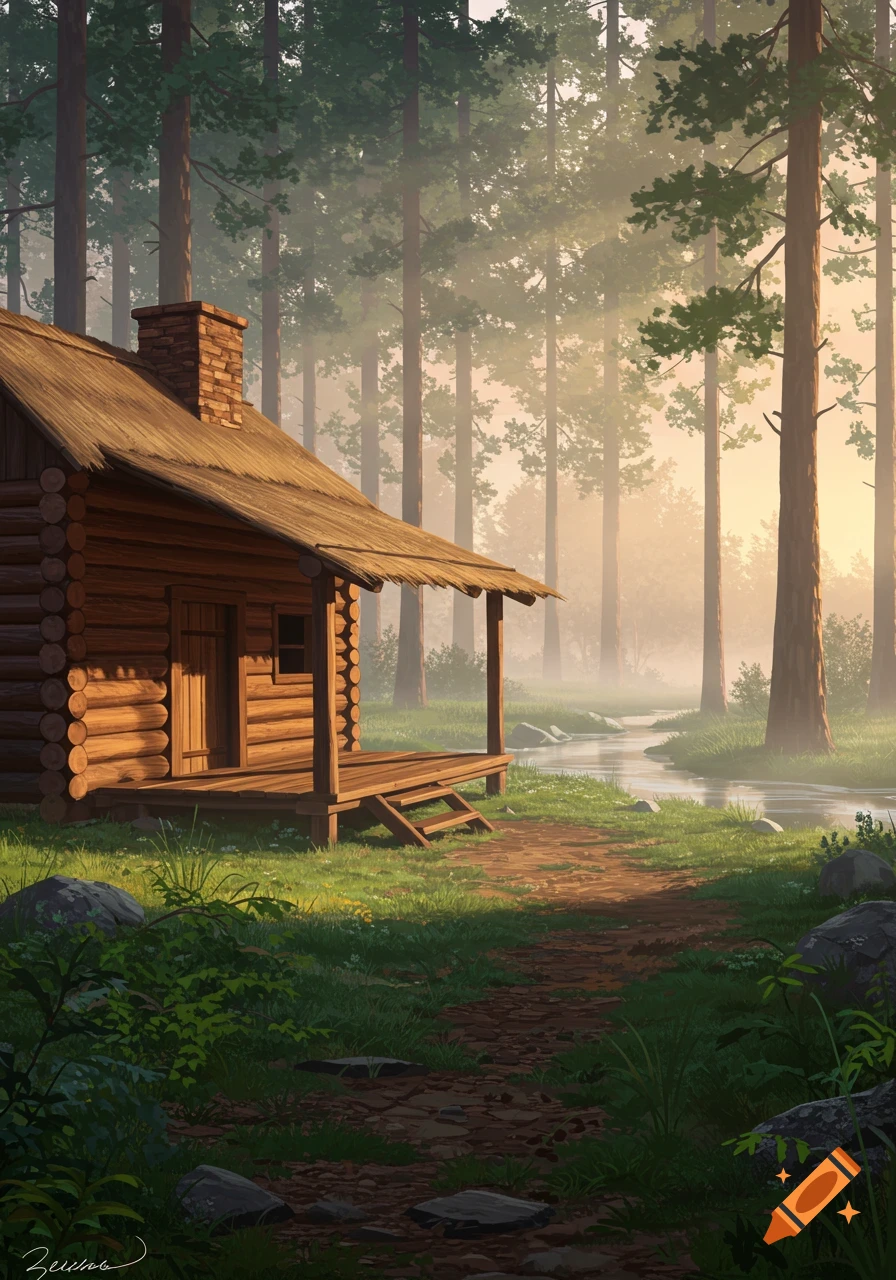 A cozy wooden log cabin with a porch sits by a winding stream in a misty forest at sunrise, with tall pine trees.