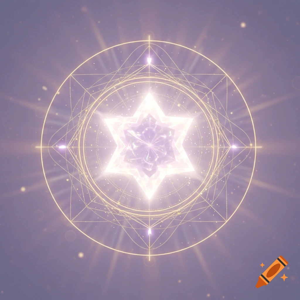 Glowing crystalline six-pointed star within golden sacred geometry and light on a purple background.
