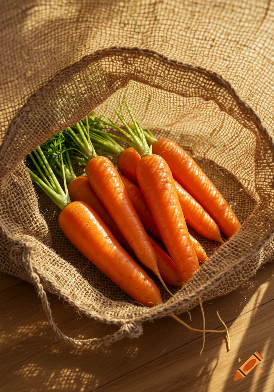 Eight fresh carrots with green tops in a rustic burlap bag on a wooden surface.