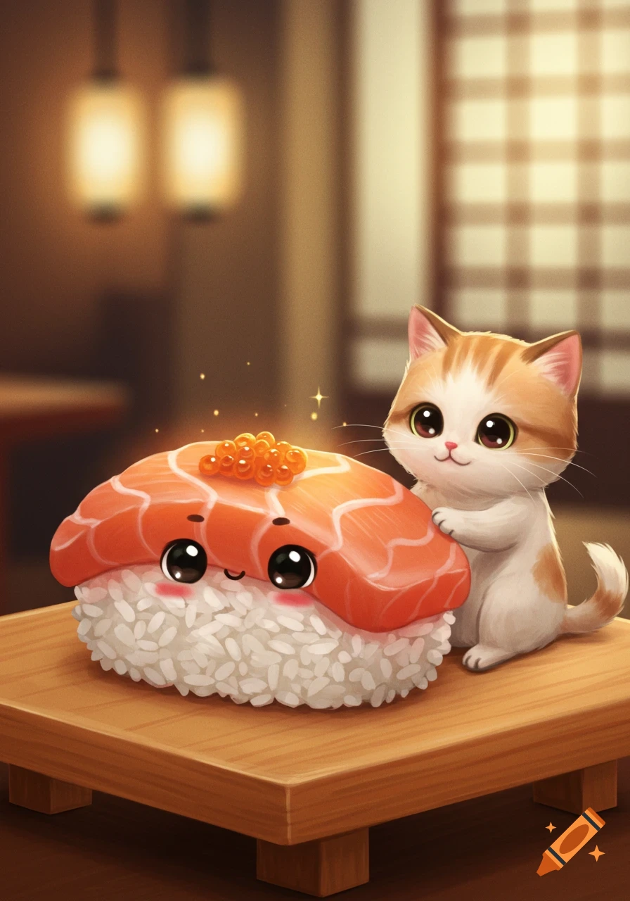 A cute, fluffy cat with big eyes leans on a smiling sushi roll with roe, on a wooden tray in a warm room, cartoon style.