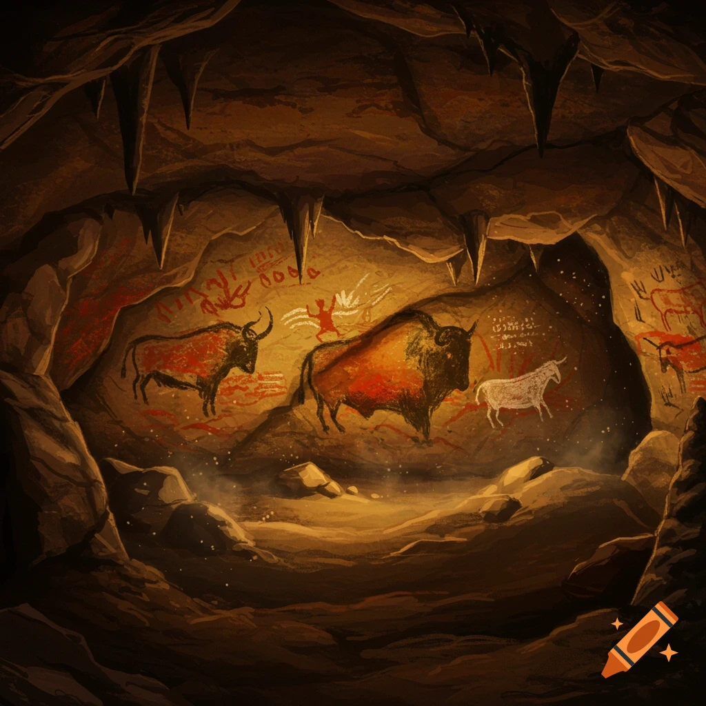 A dimly lit cave interior showcases ancient red and white cave paintings of bison, a goat, and stick figures on its walls.