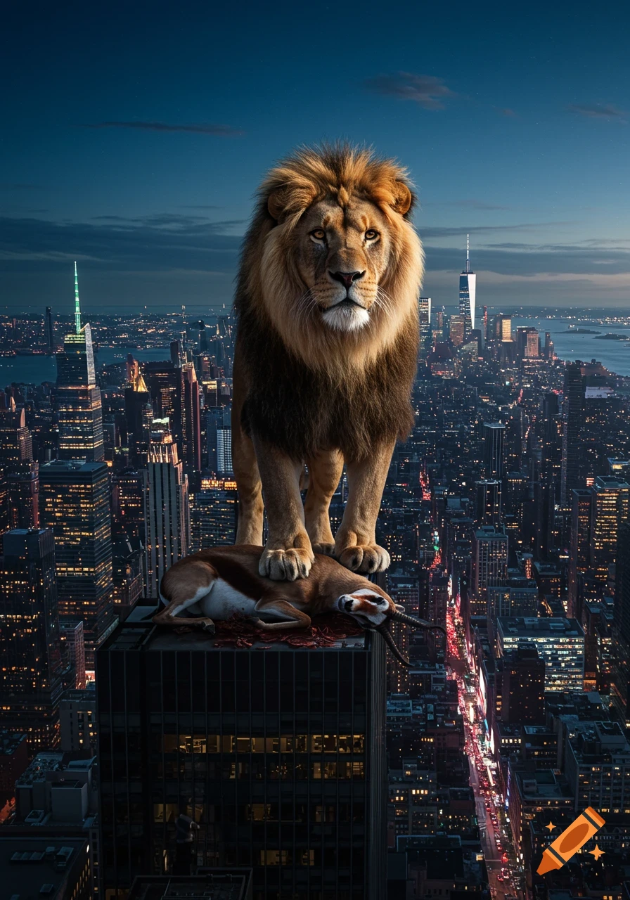 Photorealistic image of a lion standing on its prey atop a skyscraper, overlooking a New York City skyline at dusk.