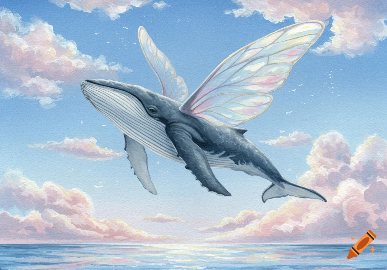 Watercolor of a winged whale flying in a blue sky with pink clouds over a calm ocean.