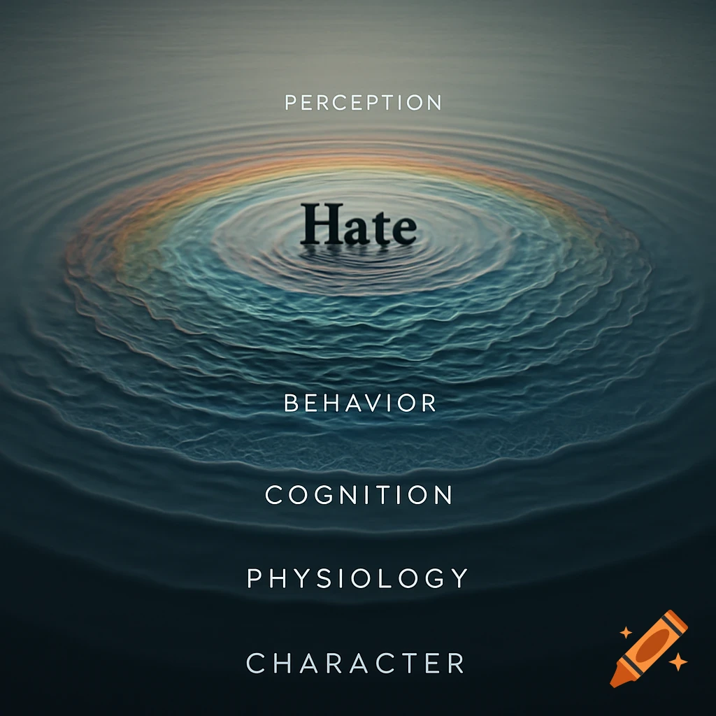 Conceptual image of the word Hate rippling in water, surrounded by labeled rings: Perception, Behavior, Cognition, Physiology, and Character.