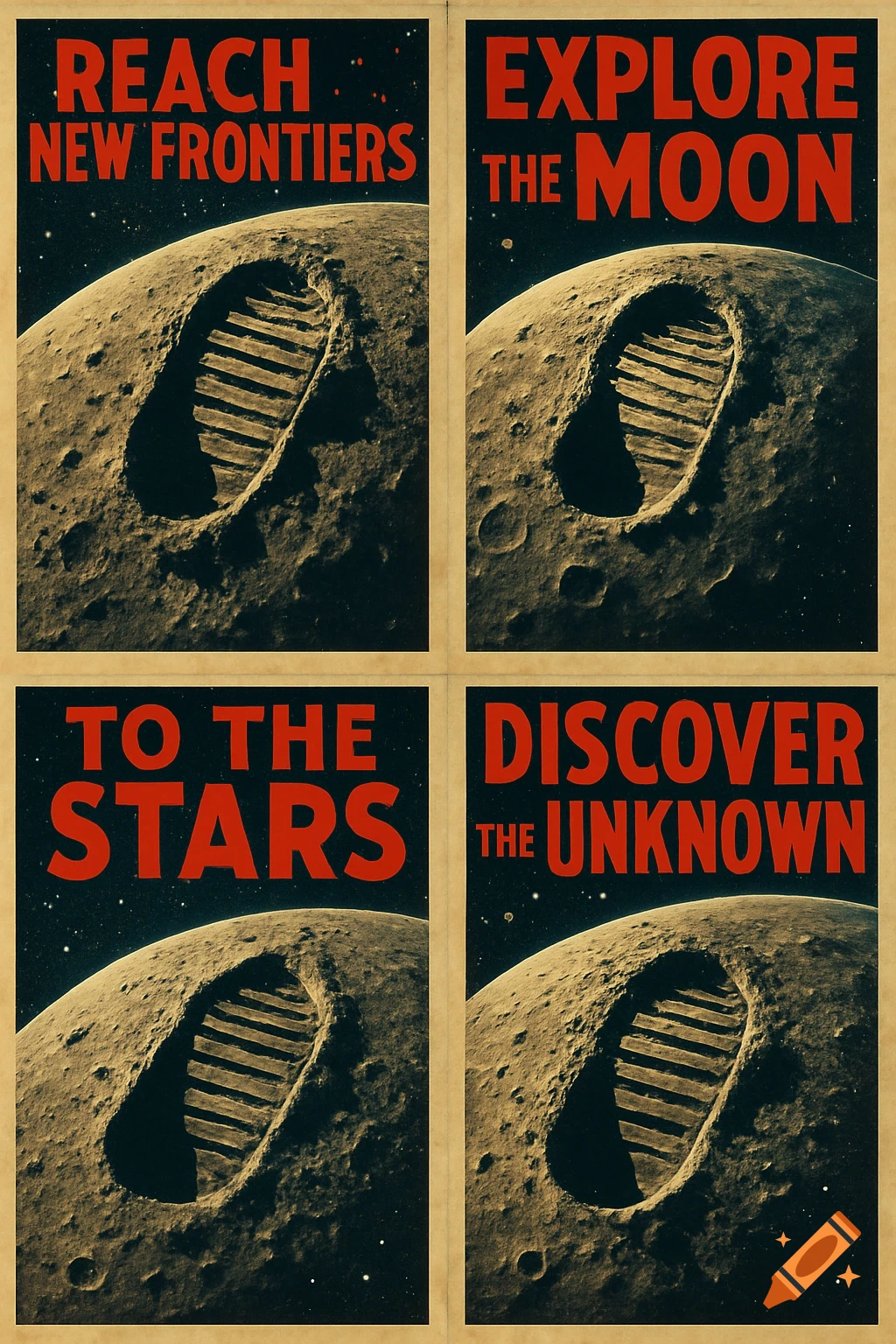 Four vintage-style propaganda posters showing astronaut footprints on the moon with various space exploration slogans.