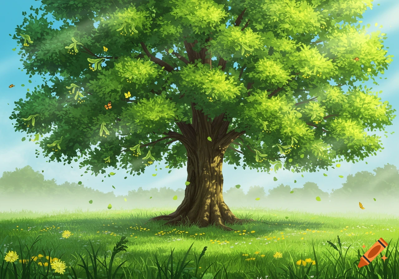 Vibrant illustration of a large linden tree with green leaves in a sunlit meadow with dandelions and butterflies.