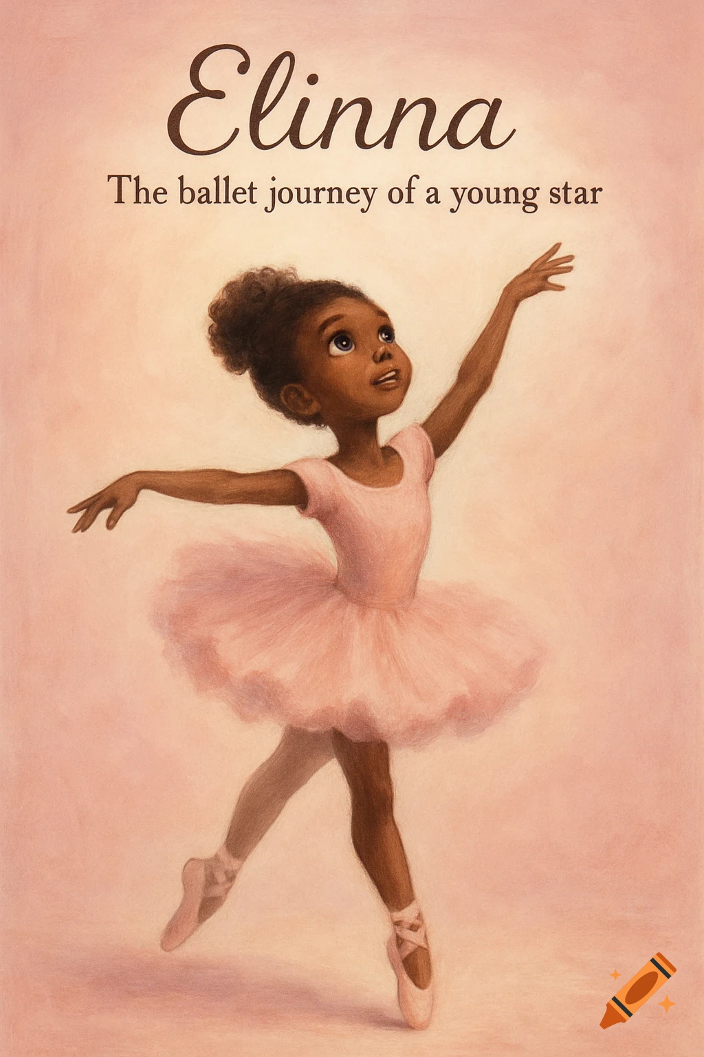 Illustration of a young African-American ballerina in a pink tutu on pointe, looking up, with the text 'Elinna: The ballet journey of a young star'.