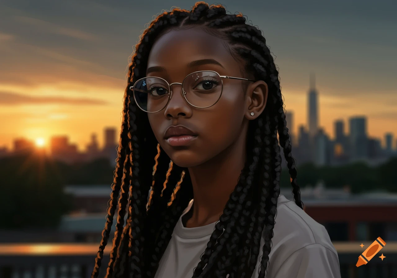 A close-up portrait of a young black girl with braids and glasses, looking serious, against a city skyline at sunset.