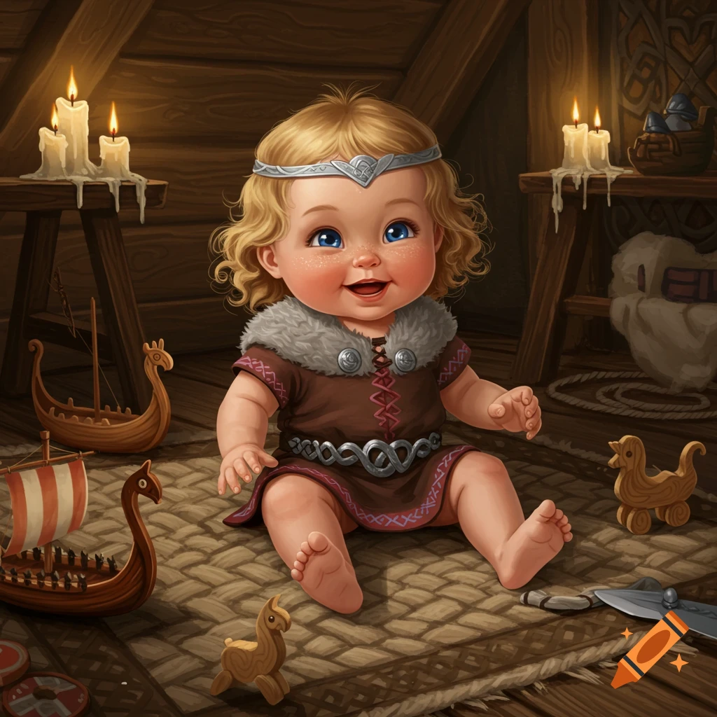 A happy, blonde baby dressed as a Viking, sitting barefoot on a rug with miniature wooden longboat toys and lit candles, in an illustrated style.