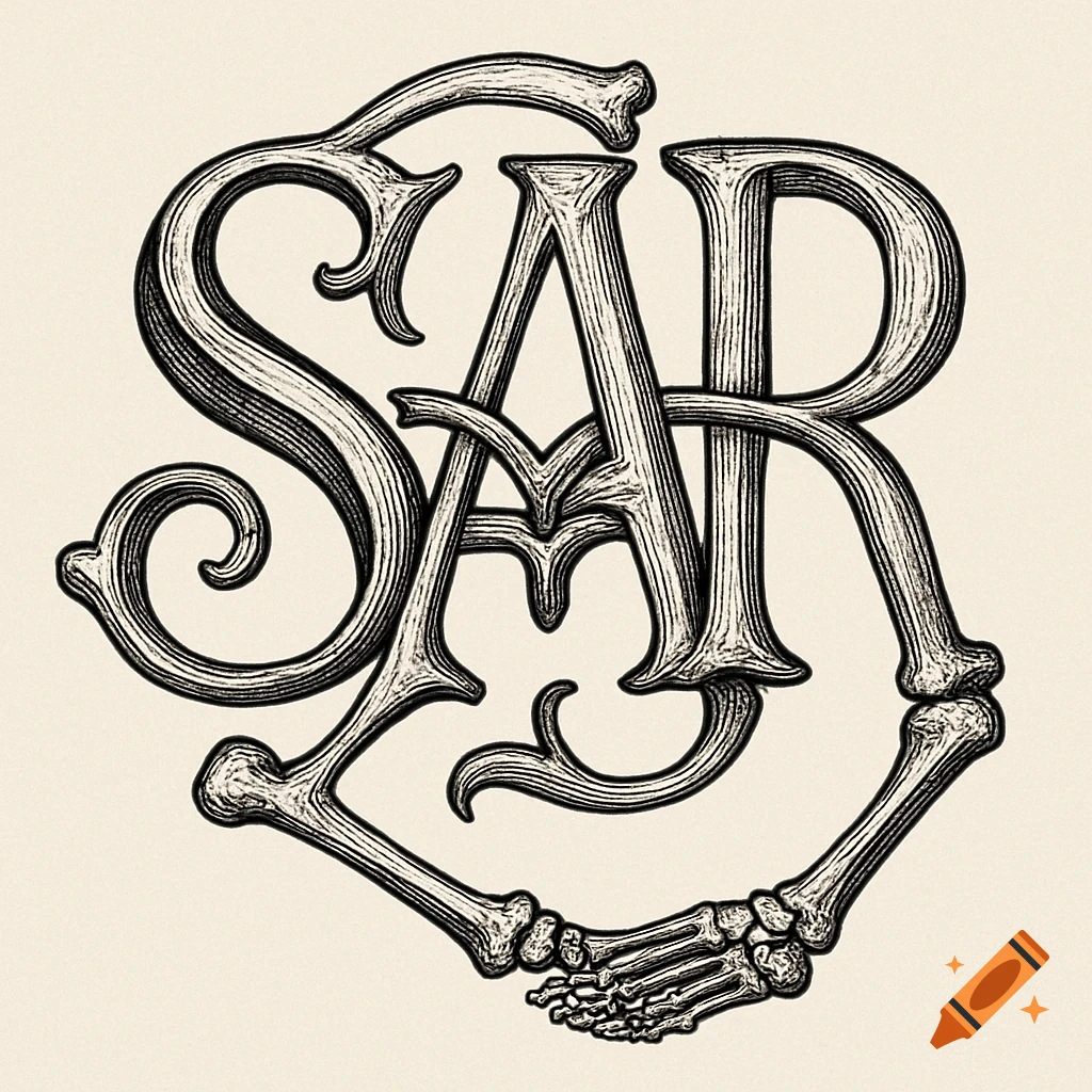 A stylized monogram of the letters SAR made from interconnected bones, in a gothic illustration style on a cream background.