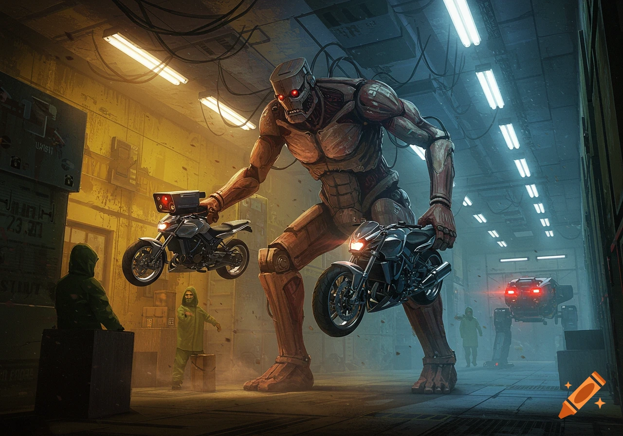A giant robot with glowing red eyes carries two motorcycles in a gritty, dimly lit industrial hangar, while hooded figures stand on the ground.