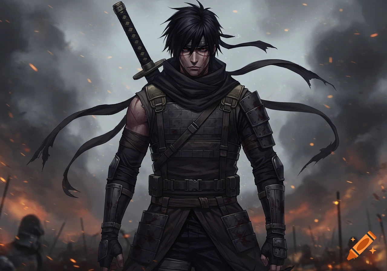 Anime warrior with black hair, serious expression, scars, tactical vest, and katana, standing in a smoky battlefield.