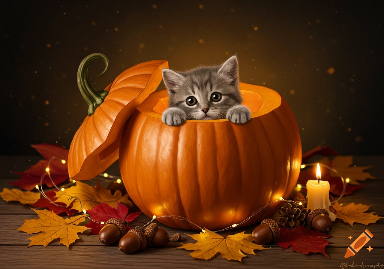 A cute grey kitten peeks from a pumpkin amidst autumn leaves, acorns, fairy lights, and a lit candle on a wooden table.