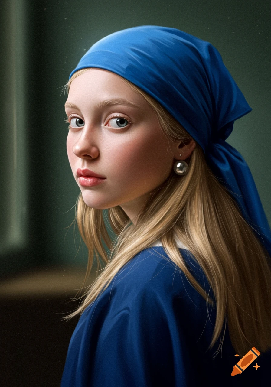 A photorealistic portrait of a young woman in a blue headscarf, blonde hair, and a pearl earring, looking over her shoulder.