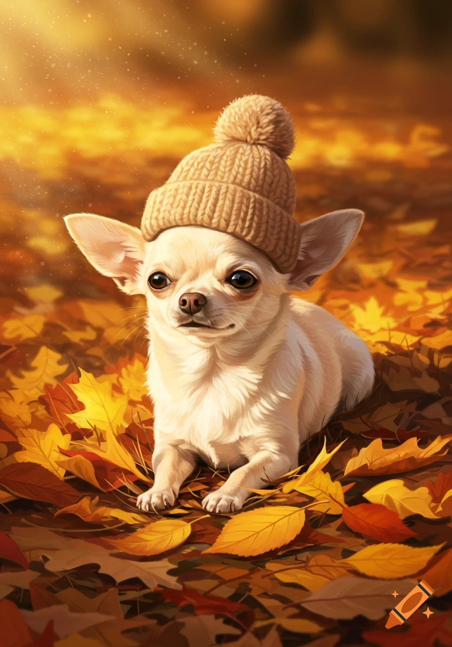 A cream-colored chihuahua wearing a knitted beige bobble hat lies in a bed of bright orange and yellow autumn leaves, bathed in warm sunlight.