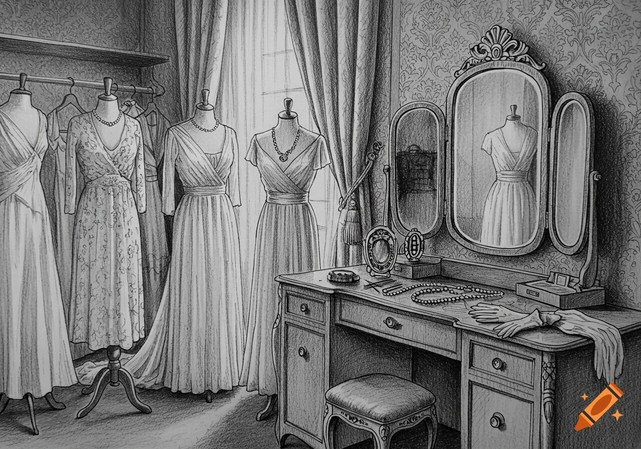 Black and white sketch of a 1940s women's dressing room with gowns on mannequins and a vanity table.