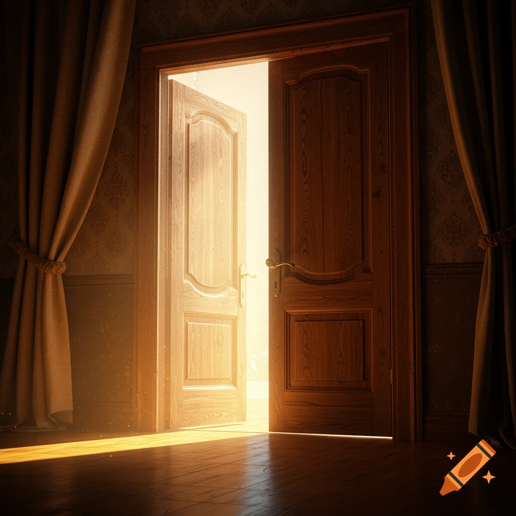 A partially open wooden door glows with bright light, illuminating a dark room with drapes and a wooden floor.