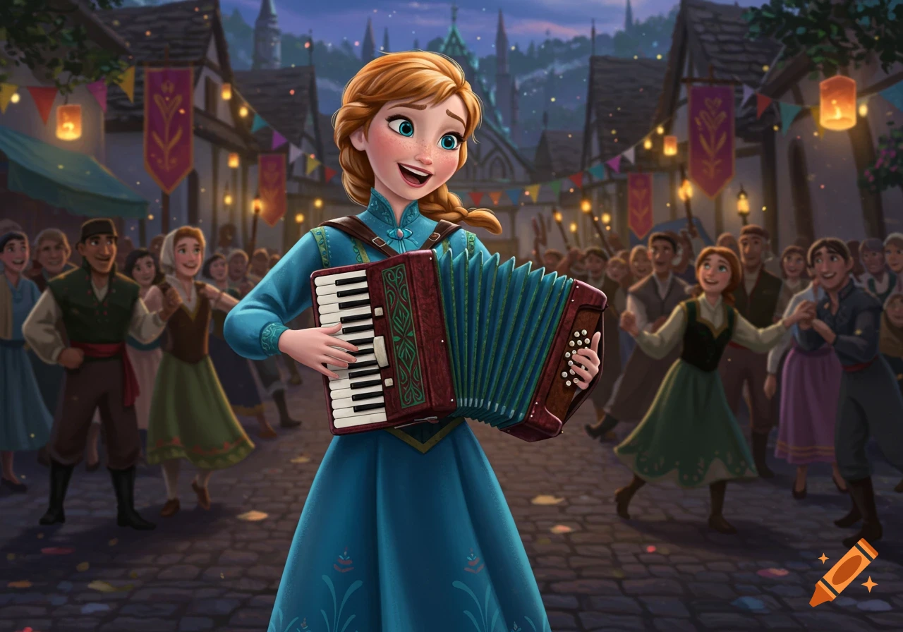 Anna of Arendelle joyfully plays an accordion on a festive village street at night, with people dancing.
