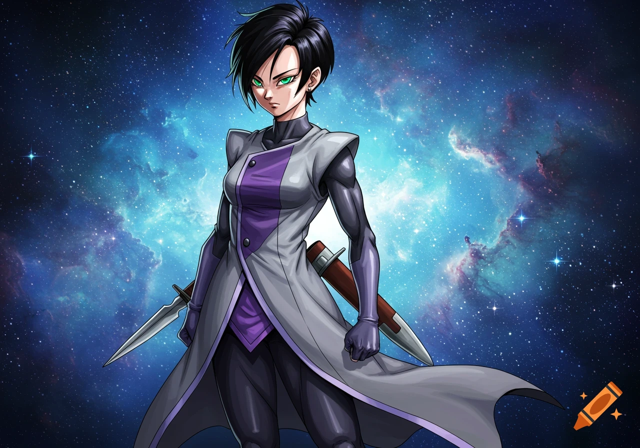 Anime-style female character with short black hair, green eyes, in a grey and purple robe, holding two blades against a cosmic background.