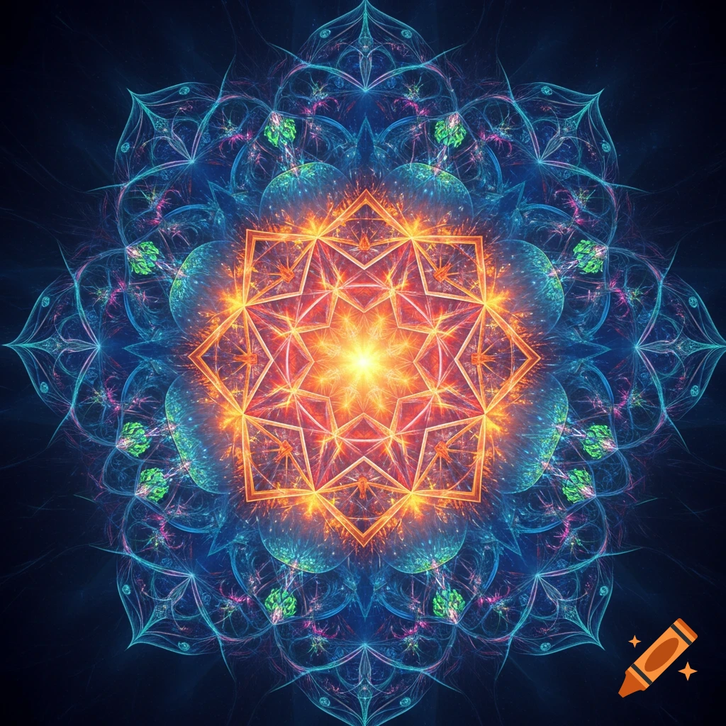 A vibrant, glowing abstract mandala with an orange decagon center, surrounded by intricate blue and green fractal patterns.