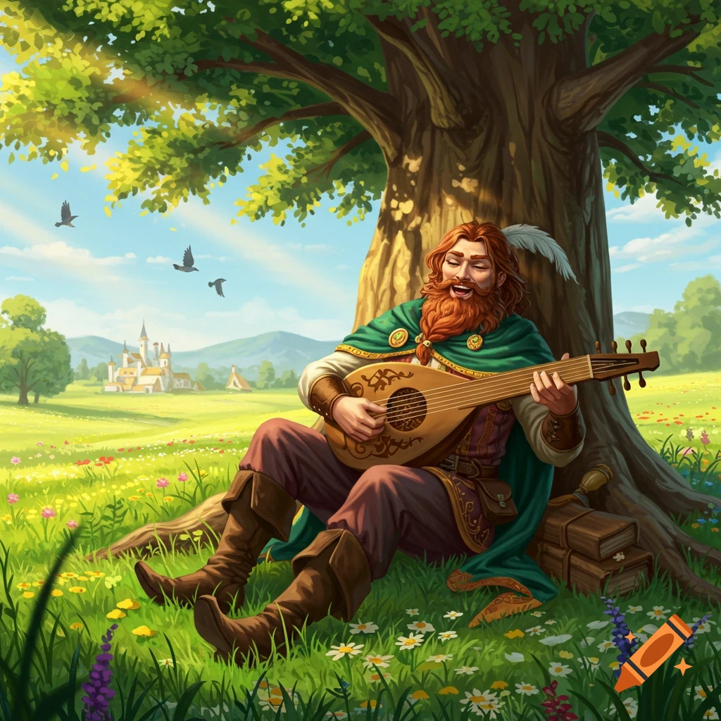 A smiling, red-bearded fantasy bard plays a lute under a large tree in a sunny, flower-filled meadow, with a castle in the distance.