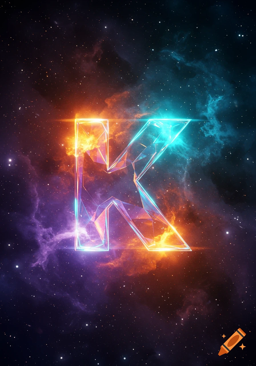 A glowing, crystalline letter 'K' against a vibrant nebula and starry space background.