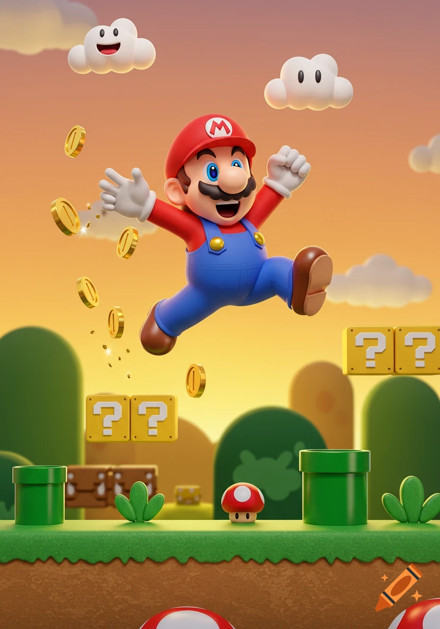 Mario jumps in a vibrant 3D rendered Super Mario level, collecting golden coins under an orange sky.
